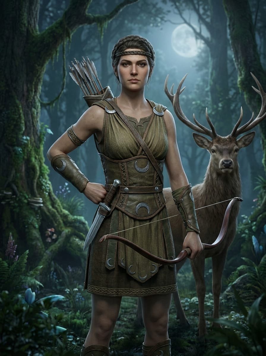 retrato del personaje de Artemisa. Diosa lunar de la caza, la naturaleza salvaje y la castidad de las doncellas