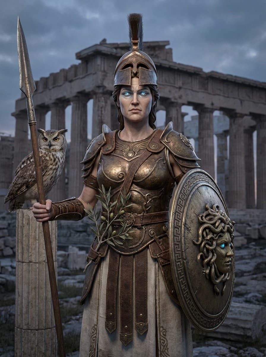 retrato del personaje de Atenea. Diosa protectora de la sabiduría, la formación de batalla y la ciudad