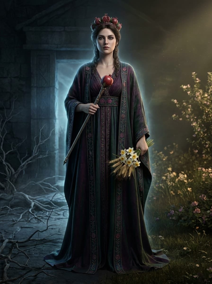 retrato del personaje de Perséfone. Reina del Inframundo y diosa del regreso de la primavera