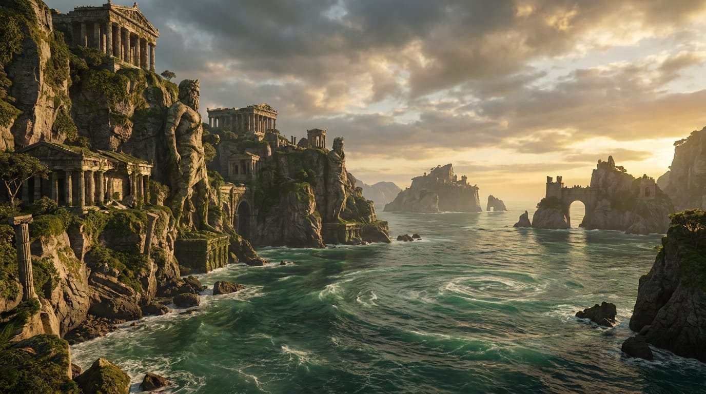 imagen del lugar de Océano. Océano es el gran río u océano que rodea el mundo en la geografía cósmica temprana de la mitología griega, y también aparece personificado como un Titán del mismo nombre. Su importancia radica en marcar el límite acuático del mundo y en vincular el espacio marino con las genealogías divinas más antiguas.