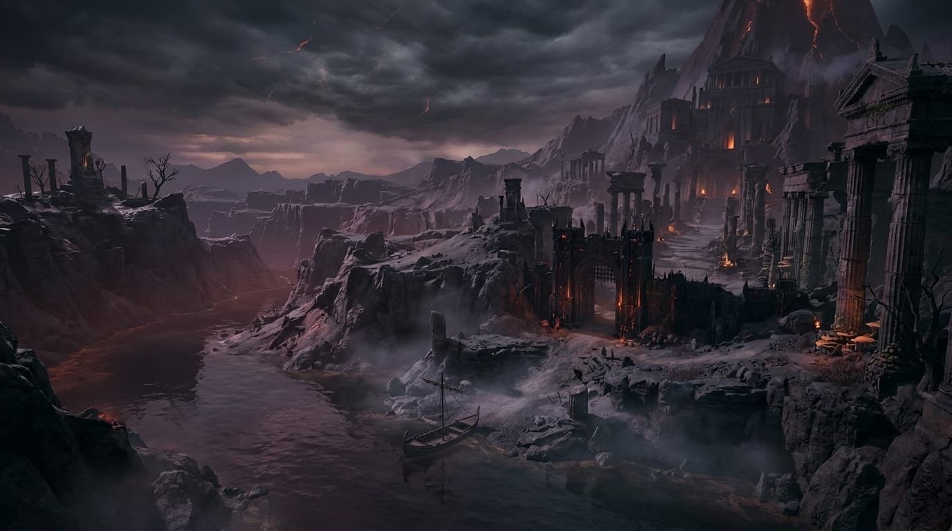 imagen del lugar de Inframundo. El Inframundo es el mundo subterráneo al que van las almas de los muertos en la mitología griega, y el reino gobernado por Hades y Perséfone. Ocupa un lugar central en los relatos de descensos heroicos, apariciones de difuntos y orden tras la muerte.