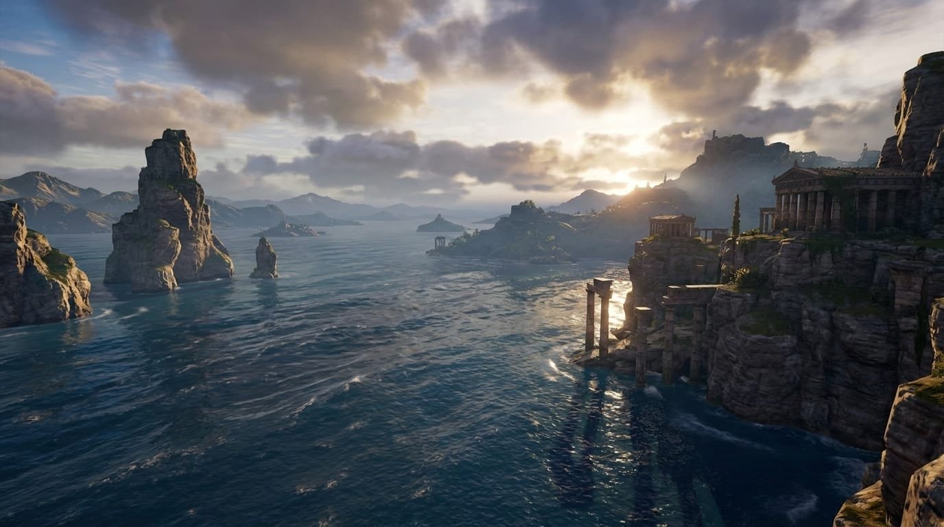 imagen del lugar de Ponto. Ponto es el mar que aparece en la etapa primordial de la mitología griega y representa la vasta extensión de aguas que se abre más allá de la tierra. Su importancia está en que, junto con el cielo y las montañas, define los primeros contornos geográficos del mundo.