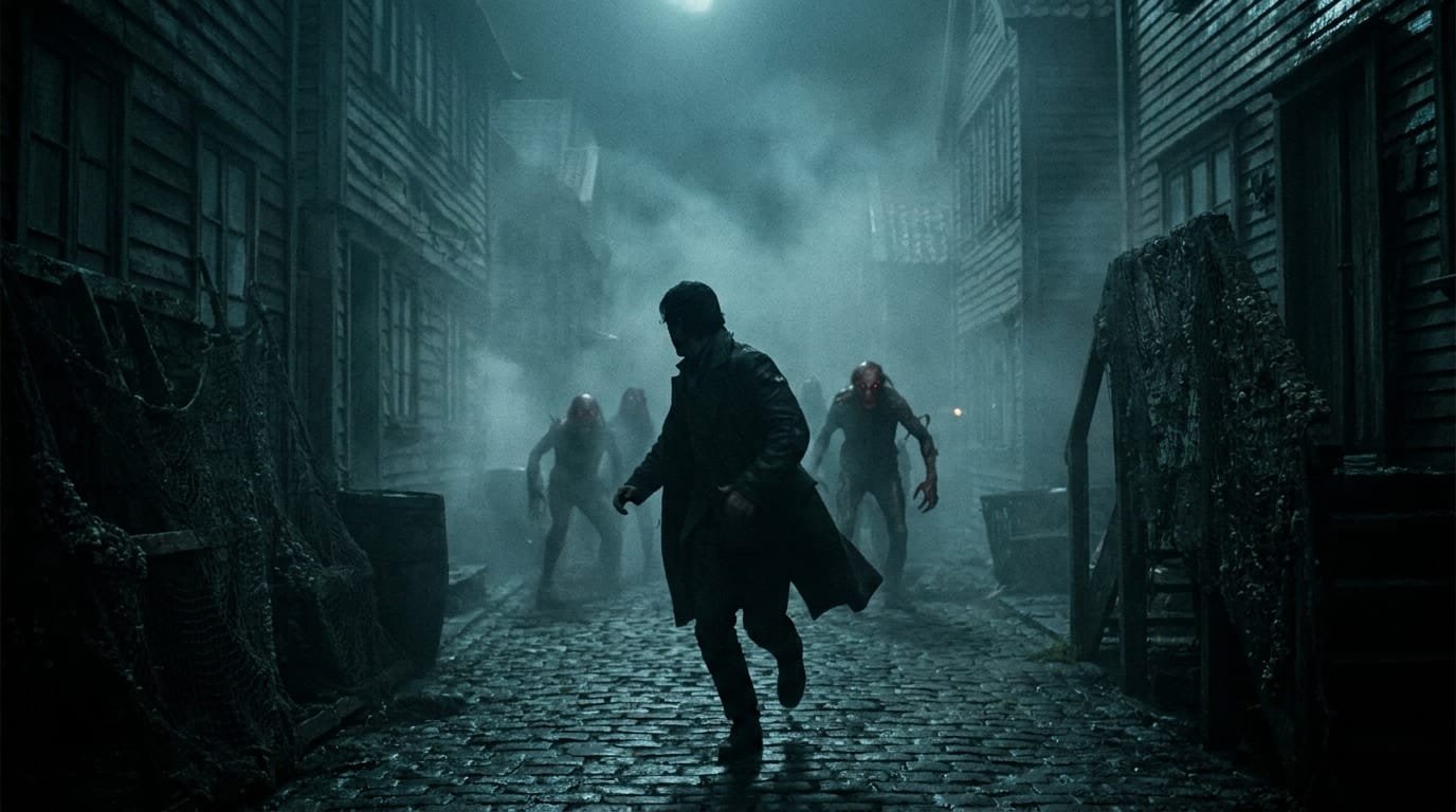 ilustración de la historia de La sombra sobre Innsmouth. El joven viajero era, al principio, solo alguien que viajaba con poco dinero. Mientras preguntaba por rutas en una localidad cercana, oyó...