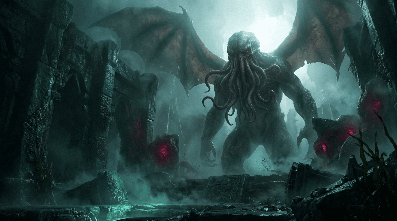 ilustración de la historia de La llamada de Cthulhu. Francis Thurston revisa las pertenencias de su tío abuelo, el profesor Angell, y encuentra en una vieja caja de madera un extraño...