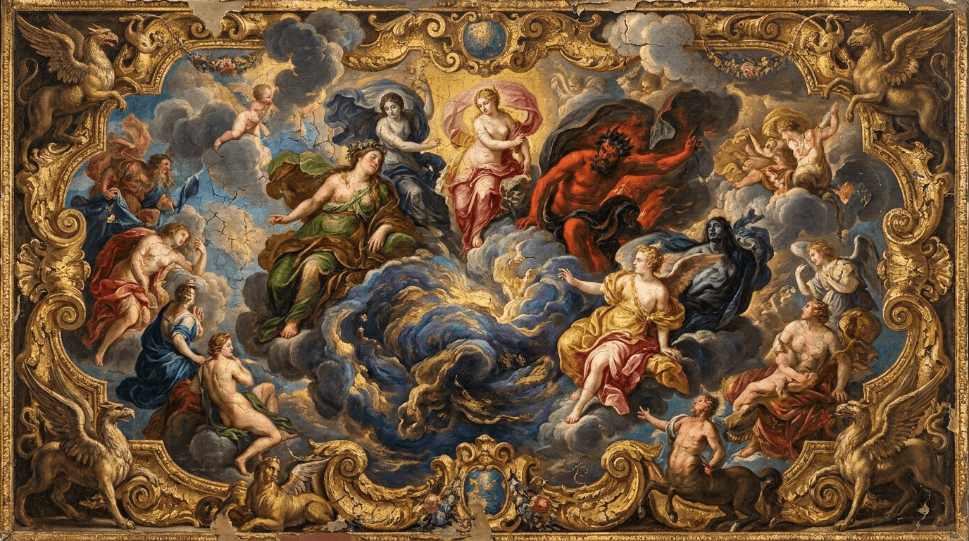 ilustración de la historia de Caos y los dioses primordiales. Al comienzo, nada estaba aún separado. No había tierra firme donde apoyar los pies, ni cielo extendido sobre la cabeza, ni olas...