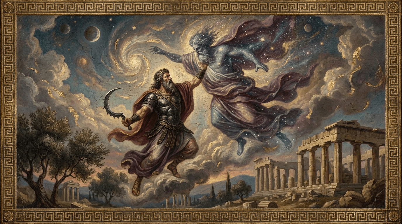 ilustración de la historia de Crono derroca a Urano. Entre los primeros dioses, Gea, la Tierra, dio a luz a Urano, el Cielo. Después se unió a él y de ambos...