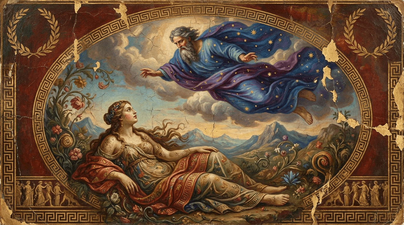 ilustración de la historia de Gea y Urano. Urano se une a Gea, y de ellos nacen hijos poderosos uno tras otro: los doce Titanes, tres Cíclopes y tres Hecatónquiros....