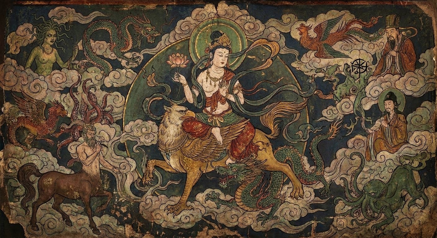Imagen principal oficial de Mythology Stories. Mythology Stories es una base de conocimiento interactiva para encontrarte con los grandes mitos del mundo. Desde tradiciones griegas, chinas y nórdicas hasta mundos de fantasía modernos como Cthulhu o la Tierra Media, aquí reunimos las leyendas que perduran. Puedes leer relatos sustentados en fuentes, buscar el canon por significado y conversar directamente con dioses, héroes y estudiosos.